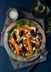Vegetarian salad ricotta cheese, baked roasted vegetables, keto ketogenic dash diet. Mix of...