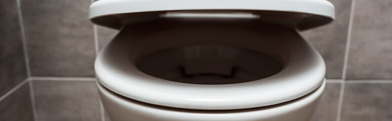 ceramic clean toilet bowl in modern restroom with grey tile, panoramic shot