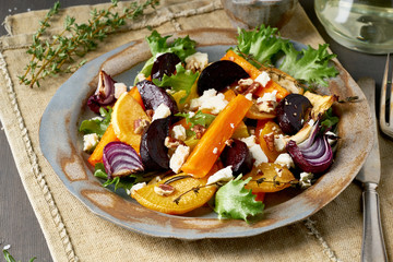 Vegetarian salad sheep cheese, baked roasted vegetables, keto ketogenic dash diet. Mix of carrots,...