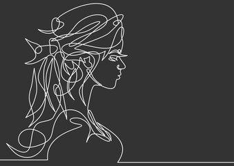 Continuous one line drawing. Abstract portrait of romantic woman face. illustration.