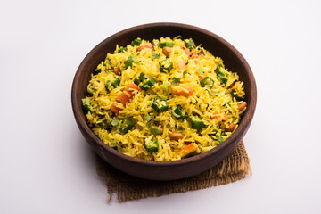 Okra or Bhindi rice also known as Vendakkai Sadam, served in a bowl, selective focus