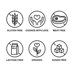 Vector Icon Set: Gluten Free, Sugar Free, Meat Free, Lactose Free, Organic, Cooked with Love