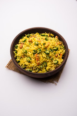 Okra or Bhindi rice also known as Vendakkai Sadam, served in a bowl, selective focus