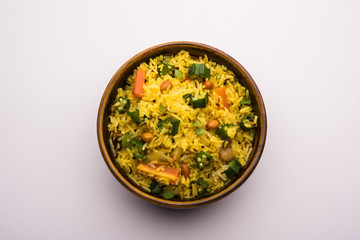 Okra or Bhindi rice also known as Vendakkai Sadam, served in a bowl, selective focus