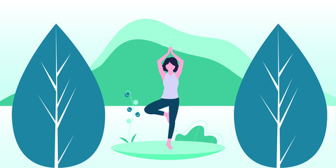 Vector illustration of women doing yoga (green shades)