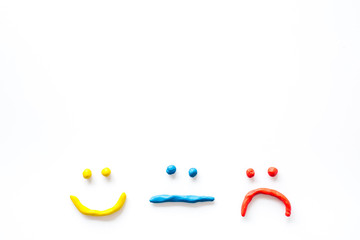 Customer experience concept. Smiles or emoji - good, neutral, bad feedback - on white background top-down copy space