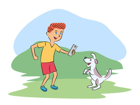 Cute boy photographing dog pet in park cartoon