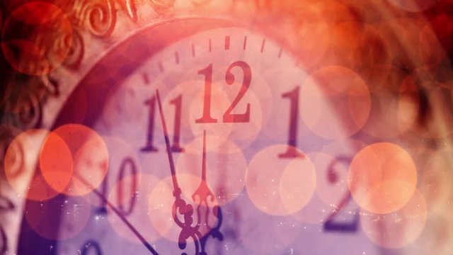 time lapse of clock and bokeh lights and fireworks