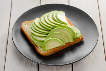 Toast with avocado slices on black plate