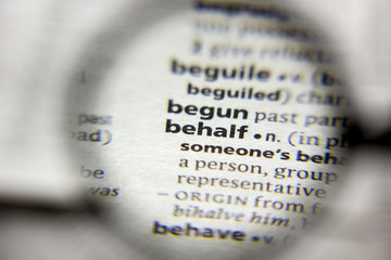 The word or phrase Behalf in a dictionary.