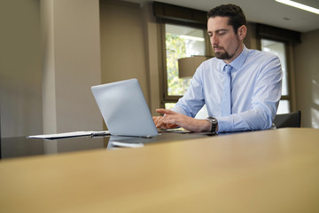 Businessman working on laptop in modern office