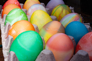 rows of colored easter eggs in an egg carton