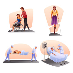 Sick people and doctors cartoon hospital flat set