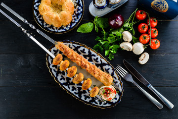 Lamb Beef Mushrooms Vegetables Kebabs On Rustic Table