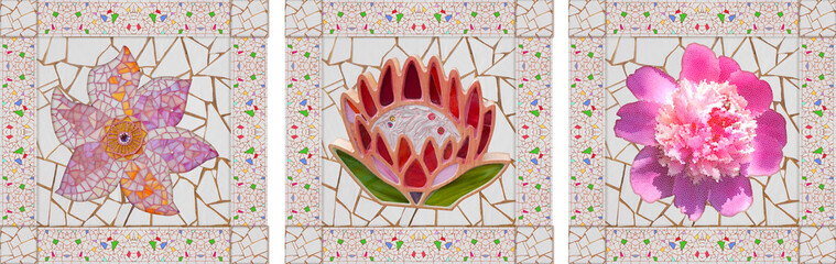 Mosaic flower on the plate. Mosaic protea, pion, magnolia. Decoration tile on wall. Handmade. Interior Design. Mosaic tile.