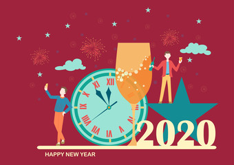 illustration of people celebrating Merry Christmas and Happy New Year 2020 on holiday background