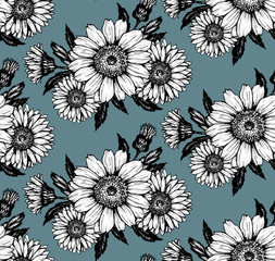 simple silhouettes bouquet of daisies black and white on a dark background pattern
