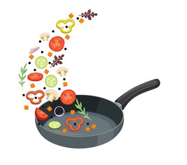 cooking pan with vegetables. Healthy food concept. Vegetables are flying out of the pan isolated on white background. Vector illustration in flat style - obrazy, fototapety, plakaty