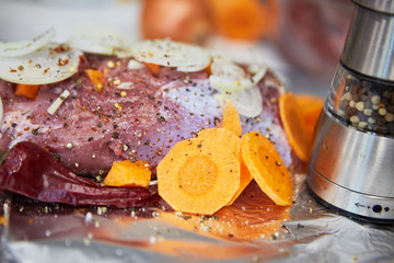 process of cooking beef in the kitchen