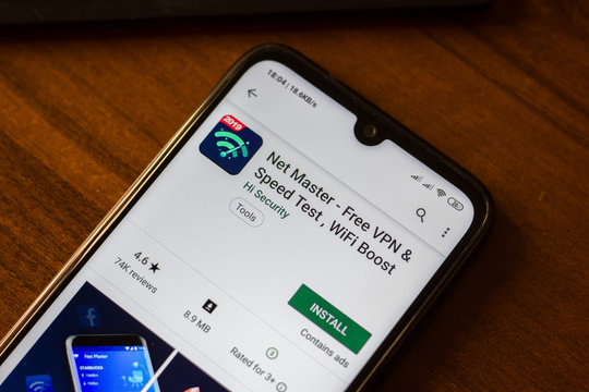 Ivanovsk, Russia - June 26, 2019: Net Master - Free VPN & Speed Test, WiFi Boost app on the display of smartphone.