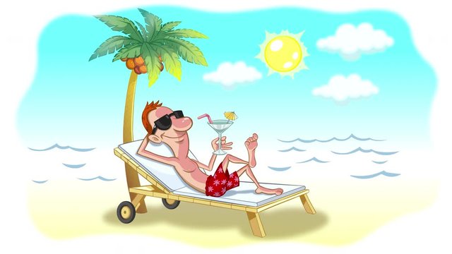 Relax on the beach. Loop cartoon animation of a character sitting in sunbed on the beach and drinking cocktail under the palms . Hand drawn frame-by-frame 2-d animation.  For your animated po