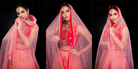 Indian beauty face big eyes with perfect make up wedding bride, Portrait of a beautiful woman in Red Pink traditional Pakistani bridal costume with heavy jewellery and makeup, collage group pack