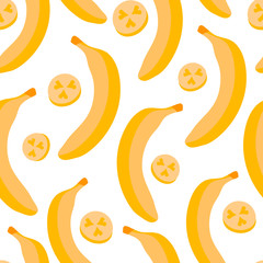 Vector seamless pattern with banana and banana slices. For design packaging, textile, background, design postcards and posters.