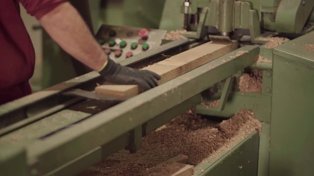 Cooper moving staves into bevel cutter on conveyor belt, medium shot