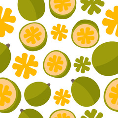 Vector seamless pattern with feijoa tropical fruit. For design packaging, textile, background, design postcards and posters.