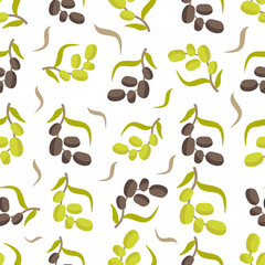 Vector seamless pattern with olive branches on a white background. For design packaging, textile, background, design postcards and posters.