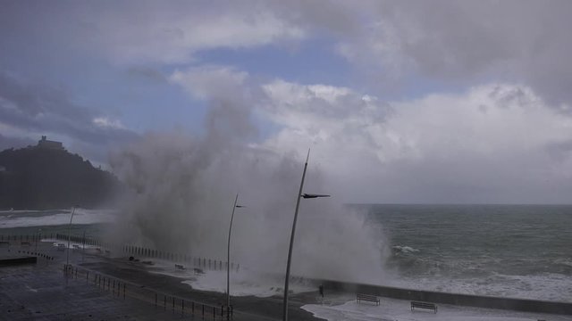 waves storm city in san sebastian basque country coast