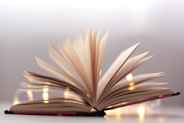 Closeup of a book with fairy lights in the background. Concept of reading in winter.