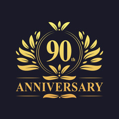 90th Anniversary logo, luxurious golden color 90 years Anniversary logo design celebration.