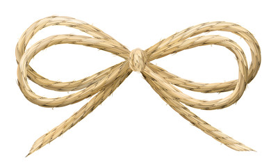 Linen thread bow vector illustration. Realistic linen material ribbon.