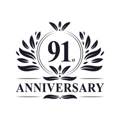 91st Anniversary celebration, luxurious 91 years Anniversary logo design.