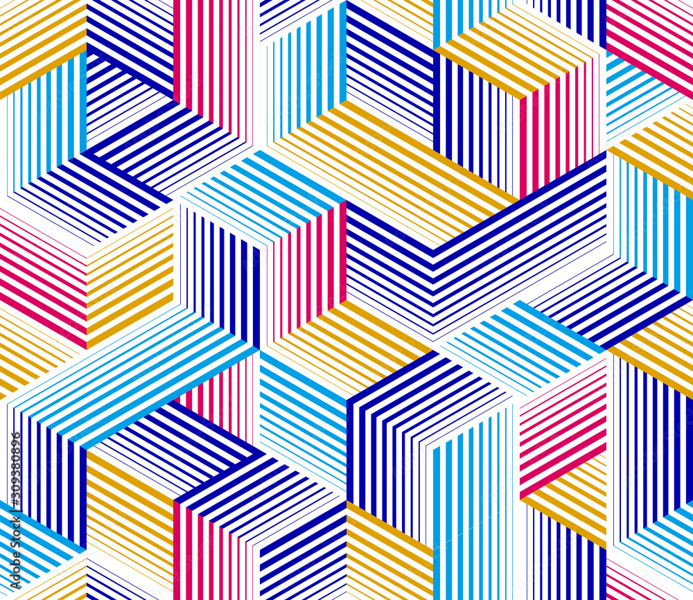 Poster seamless isometric lines geometric pattern, 3d cubes vector tiling background, architecture and cons