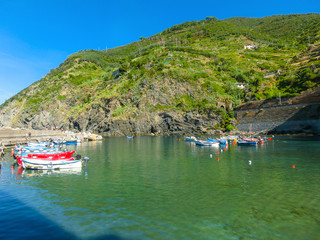 Naklejka na ściany i meble Vernazza Bay With Colorful Boats - Cinque Terre, La Spezia Province, Liguria Region, Italy