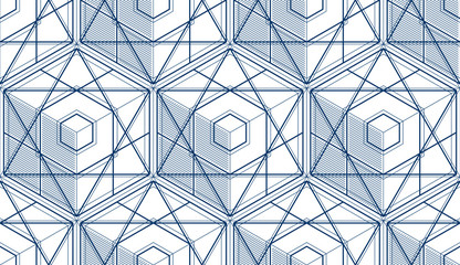 Geometric 3d lines abstract seamless pattern, vector background. Technology style engineering line drawing endless illustration. Single color, black and white.