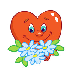 A cute little heart in a cartoon style with a bouquet of flowers. Isolated on white background. Vector illustration.