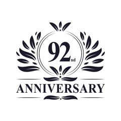 92nd Anniversary celebration, luxurious 92 years Anniversary logo desig