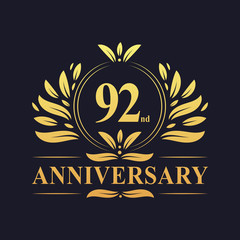 Obraz premium 92nd Anniversary logo, luxurious golden color 92 years Anniversary logo design celebration.