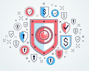 Obraz premium Shield and dollar set of icons, financial security concept, armor business defender, finance protection, vector flat thin line design, elements can be used separately.