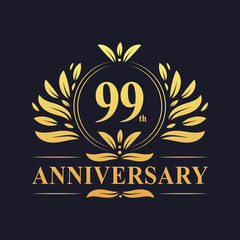 99th Anniversary logo, luxurious golden color 99 years Anniversary logo design celebration.