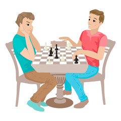 Two guys are playing chess. Losing the game. Vector isolated illustration on white background.