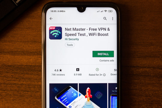 Ivanovsk, Russia - June 26, 2019: Net Master - Free VPN & Speed Test, WiFi Boost app on the display of smartphone.