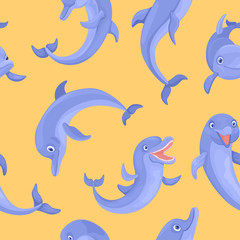 Bright dolphins are smiling. Vector seamless pattern of sea