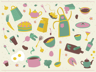 Food and dishes. Vector objects in a pattern for the background.