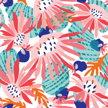 Hand Painted Bold Summer Bloom Floral Motif Seamless Pattern. Classic Blue Pink Flower Petal Background. Modern Bright Cut Out Collage Style Textile. Exotic Tropic All Over Print Vector Eps 10 Tile. 