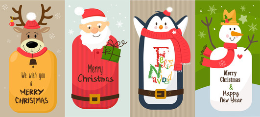 Fototapeta premium Christmas greeting card set vector stock/ Reindeer, Santa claus , Penguin and a snowman flyers and posters