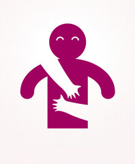 Loved man with care hands of a lover woman hugging and caresses his chest, vector icon logo or illustration in simplistic symbolic style.